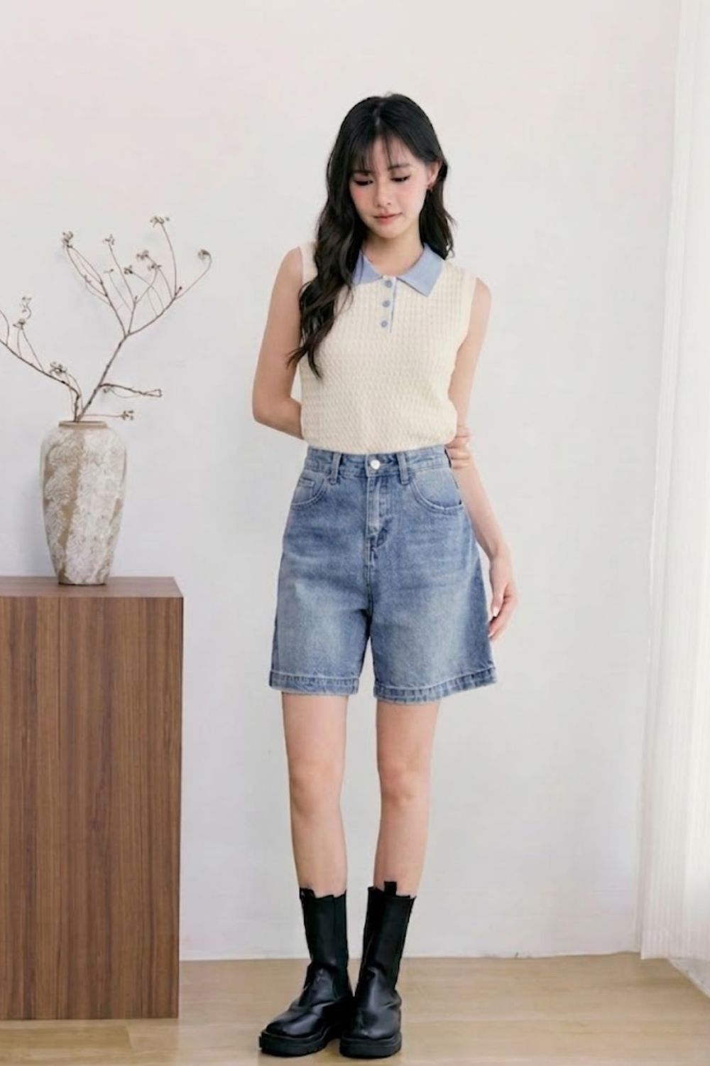 Elin Contrast Collar Cable Knit Top Cream