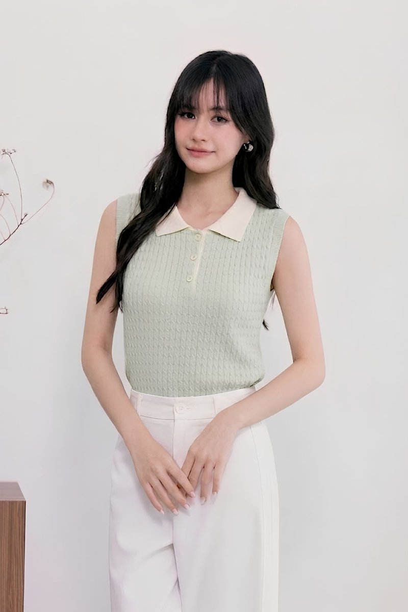 Elin Contrast Collar Cable Knit Top Mint