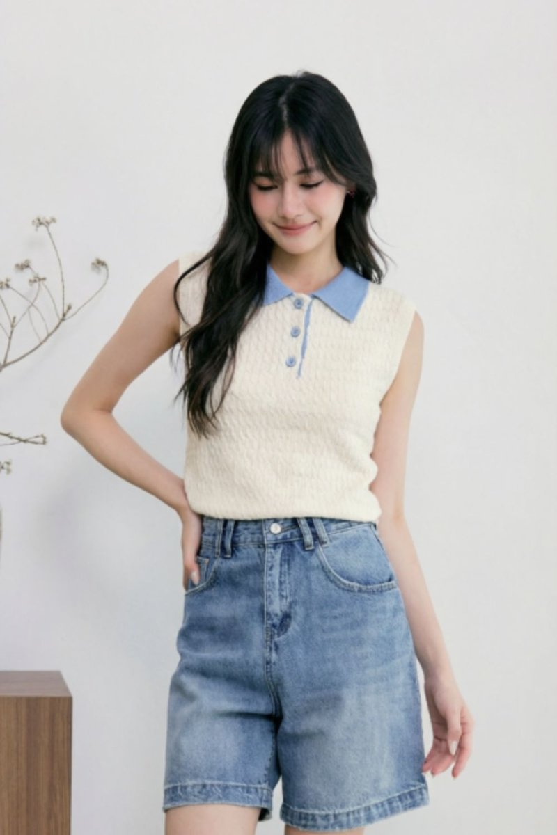 Elin Contrast Collar Cable Knit Top Cream