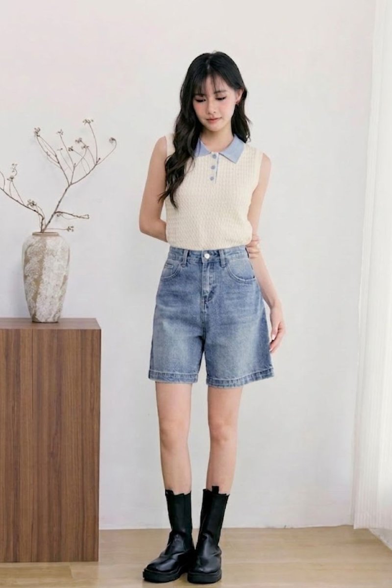 Elin Contrast Collar Cable Knit Top Cream