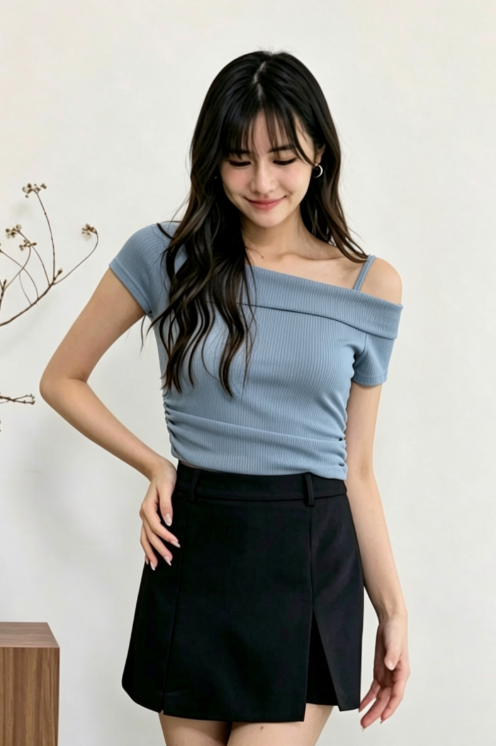 Selena Assymatric Shoulder Top Sky