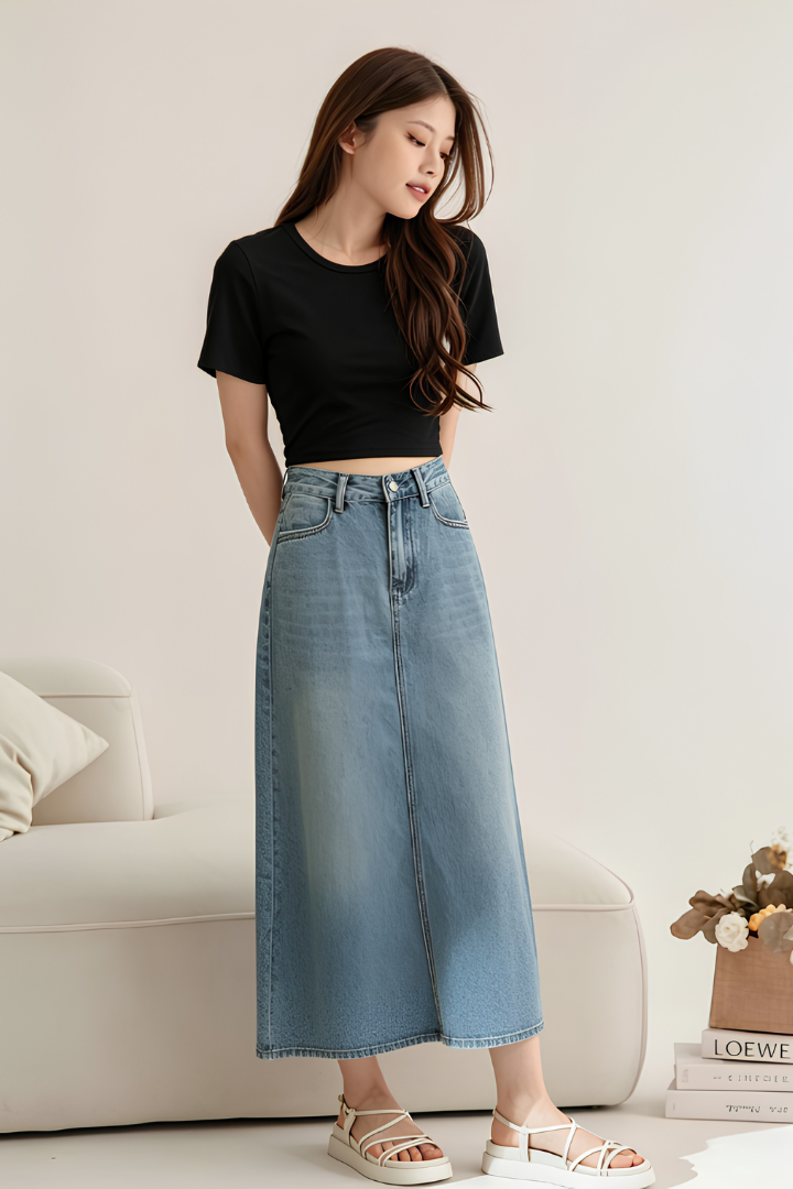 Lilah Denim Maxi Skirt Light Washed