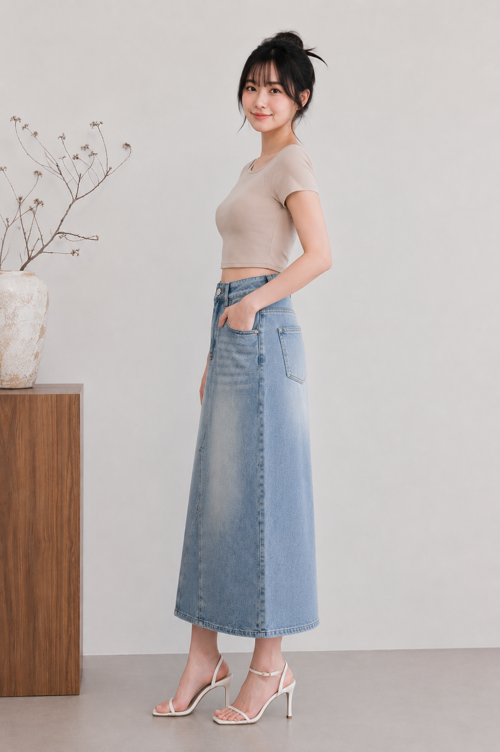 Arin A lIne midi Skirt Denim Light Washed