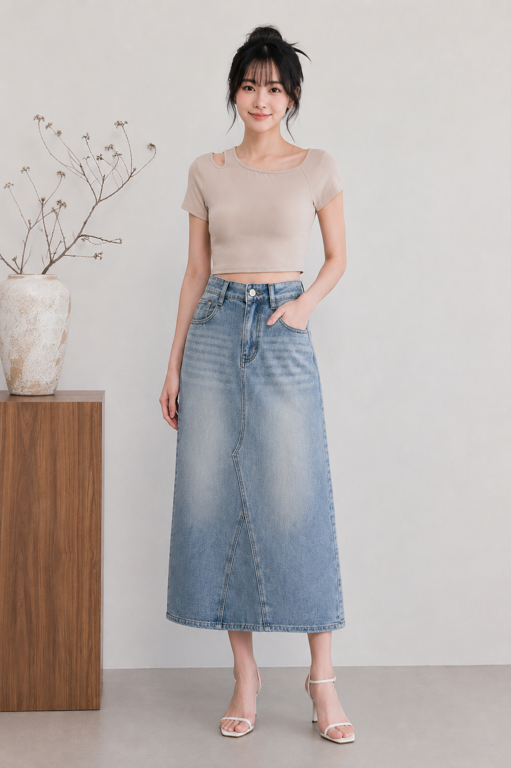 Arin A lIne midi Skirt Denim Light Washed