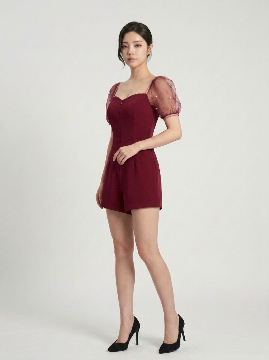 Doreen Mesh Puff Sleeve Romper Wine