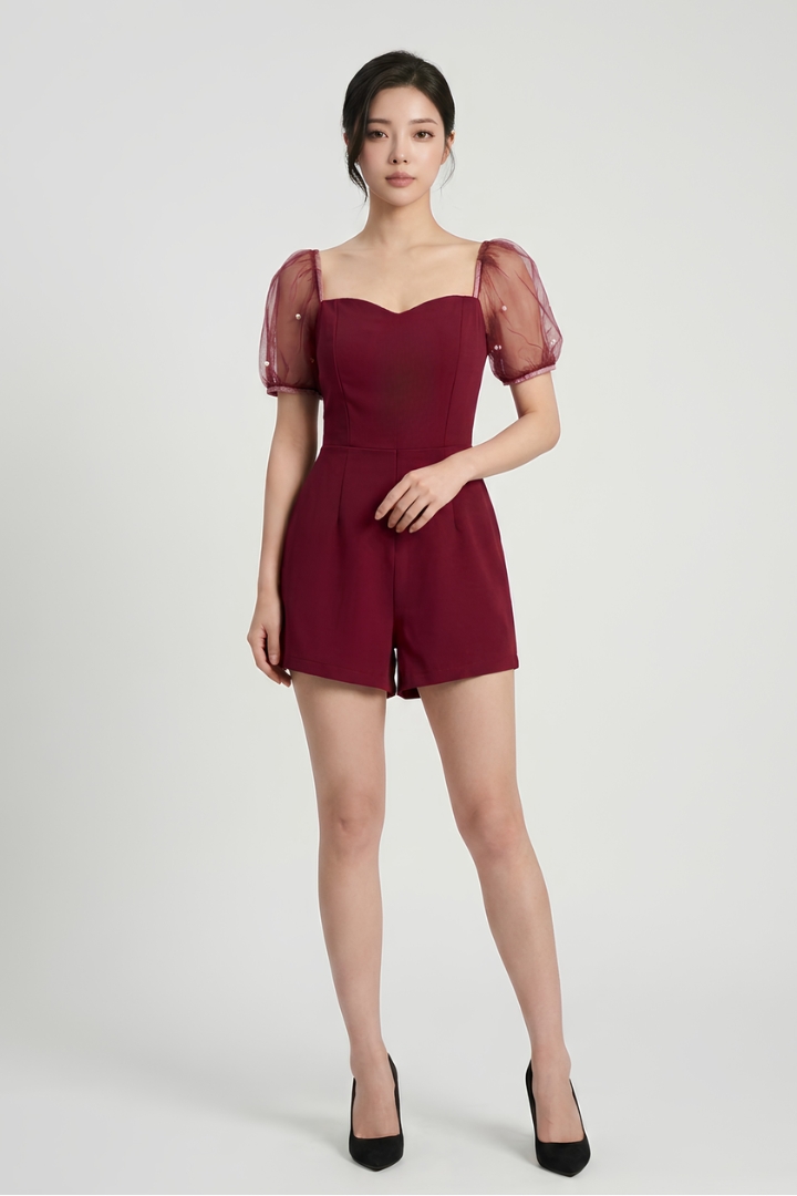 Doreen Mesh Puff Sleeve Romper Wine