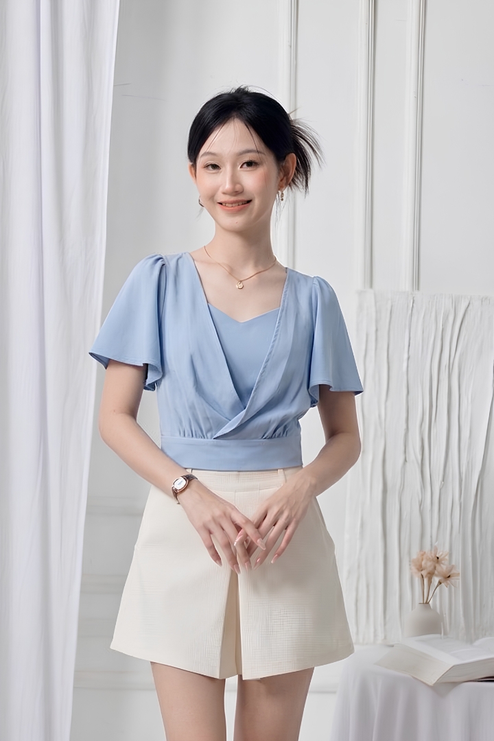 Lunara Chiffon Flutter Sleeve Top Light Blue