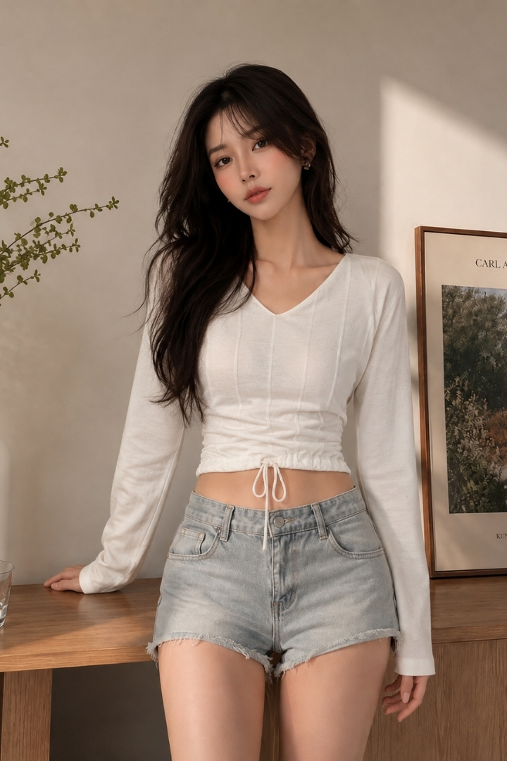 Nicky V Neck Drawstring Hem Long Sleeve Top Ivory