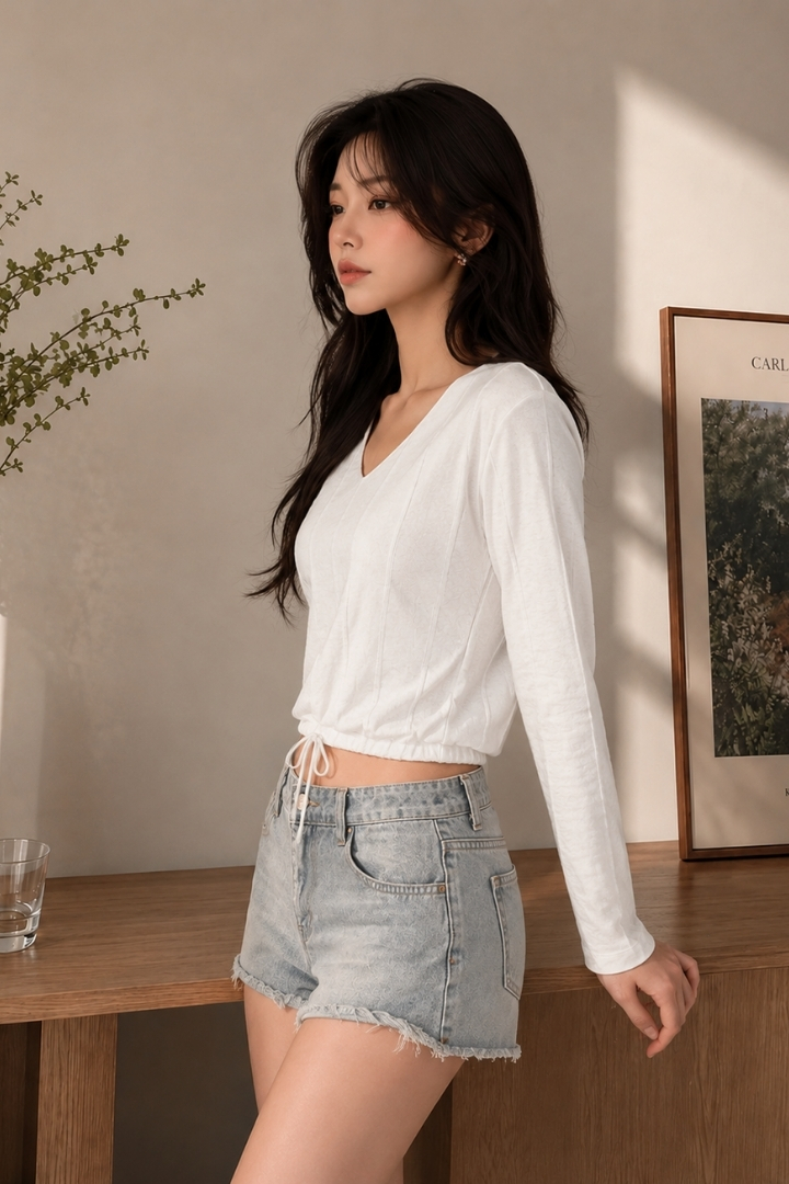 Nicky V Neck Drawstring Hem Long Sleeve Top Ivory