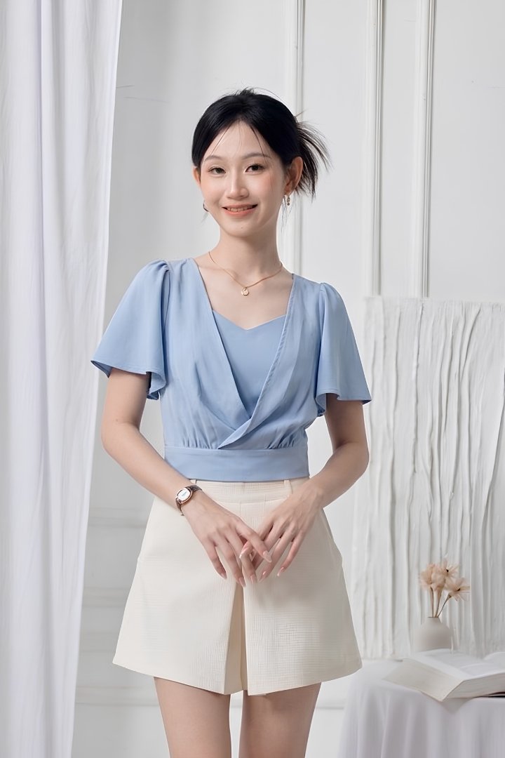 Lunara Chiffon Flutter Sleeve Top Light Blue