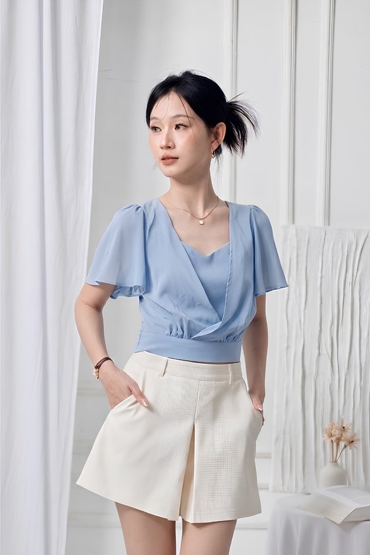 Lunara Chiffon Flutter Sleeve Top Light Blue