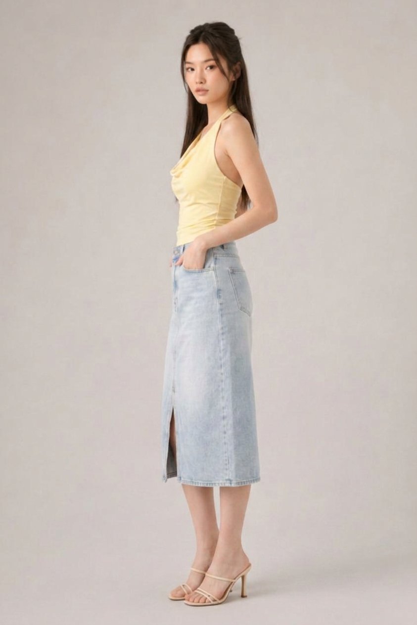 Monica Front Slit Midi Denim Skirt Light Washed