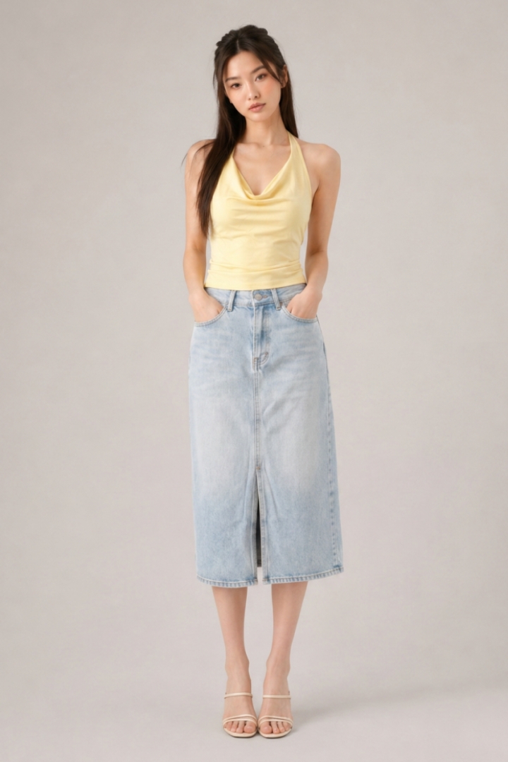 Monica Front Slit Midi Denim Skirt Light Washed