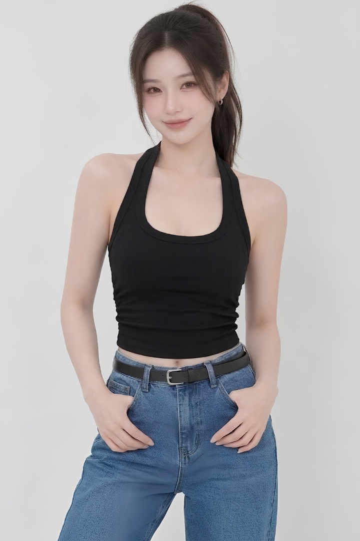 Ella Halter Padded Ribbed Knit Top Black