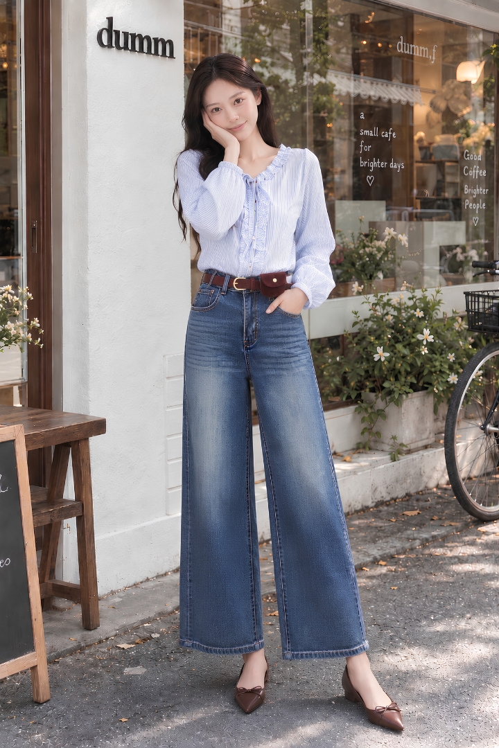 Anne Belted Wide Leg Denim Jeans Dark Washed