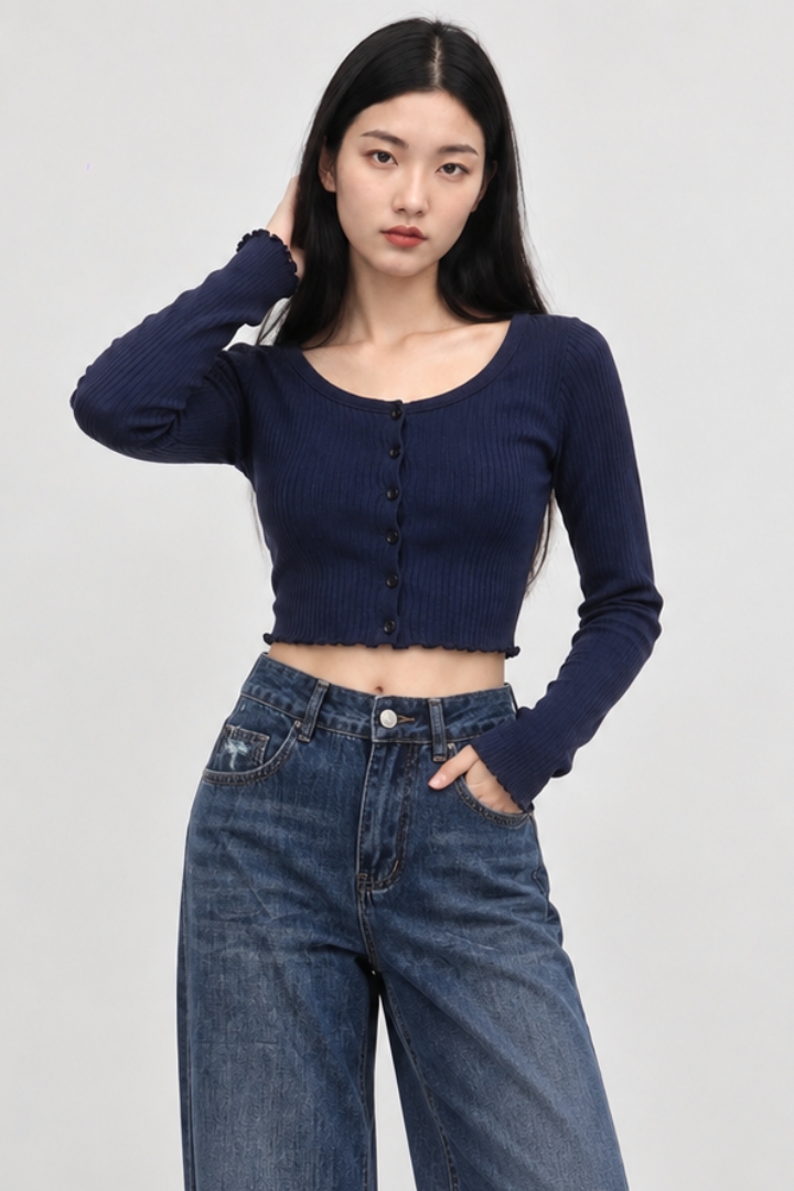 Elora Long Sleeve Ribbed Button Top Midnight