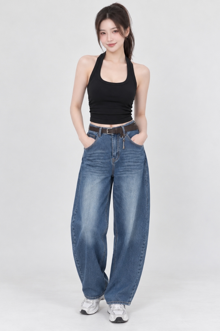Riley Belted Barrel Denim Jeans Dark Washed