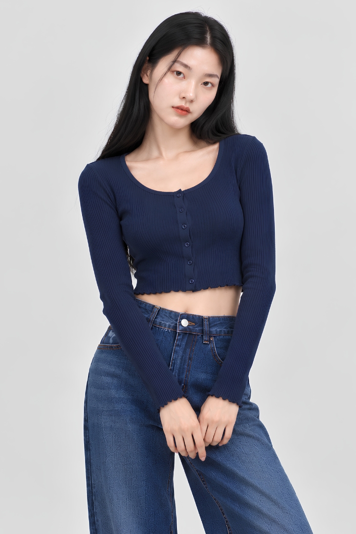 Elora Long Sleeve Ribbed Button Top Midnight