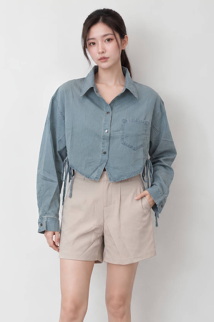 Emerson Cropped Denim Top with Side Ties Light Washed