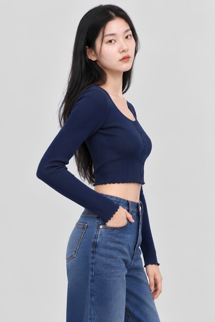 Elora Long Sleeve Ribbed Button Top Midnight