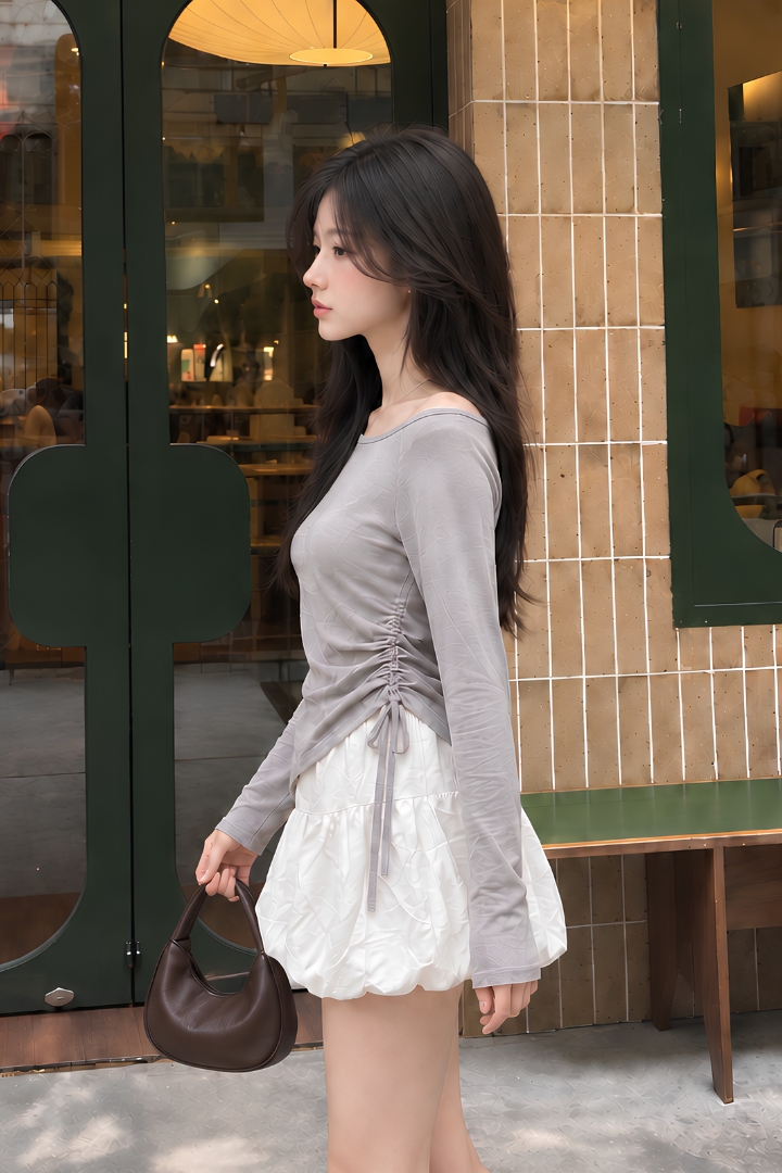 Vivian Ruched Side Long Sleeve Top Grey
