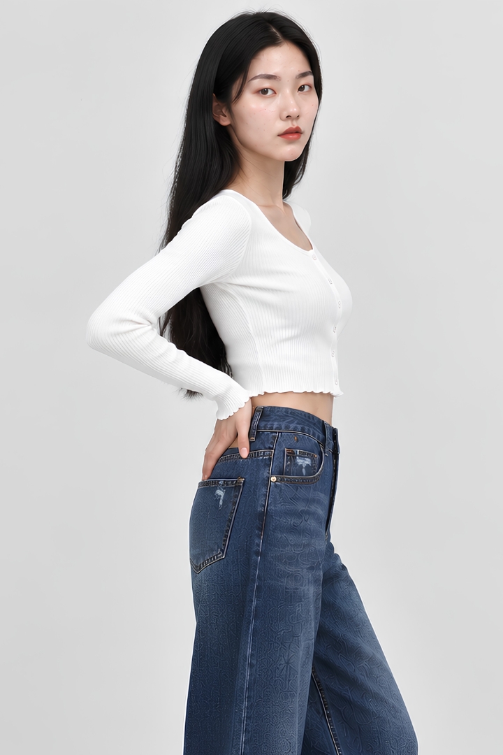 Elora Long Sleeve Ribbed Button Top Ivory