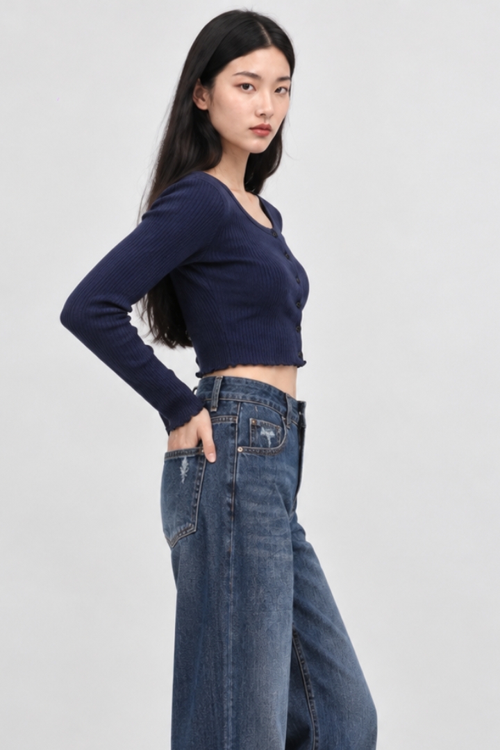 Elora Long Sleeve Ribbed Button Top Midnight