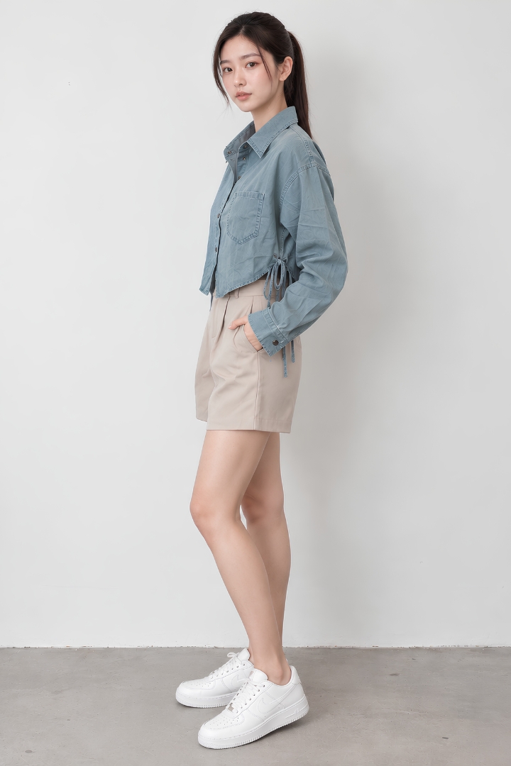 Emerson Cropped Denim Top with Side Ties Light Washed