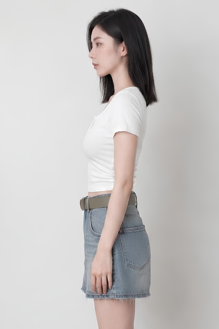 Lumi Buttons Padded Ruched Side Top Steel Ivory