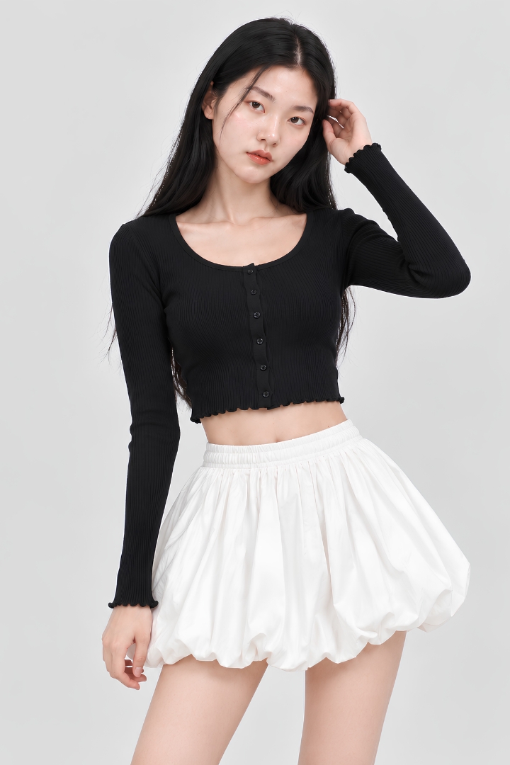 Elora Long Sleeve Ribbed Button Top Black