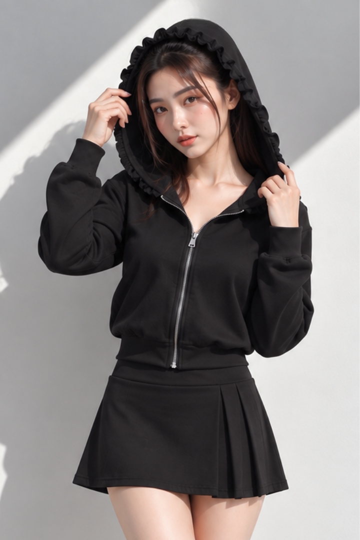 Yuna Hoodie Ruffle Trim Co-ord Lounge & Active Skort Black (Free Size)