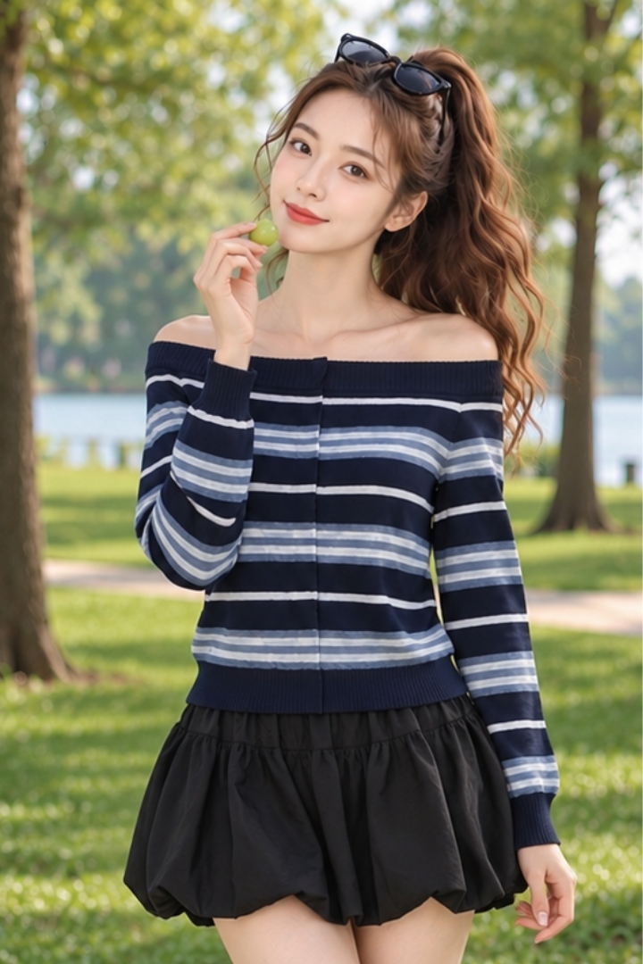 Jazelle Off-Shoulder Striped Knit Top Midnight
