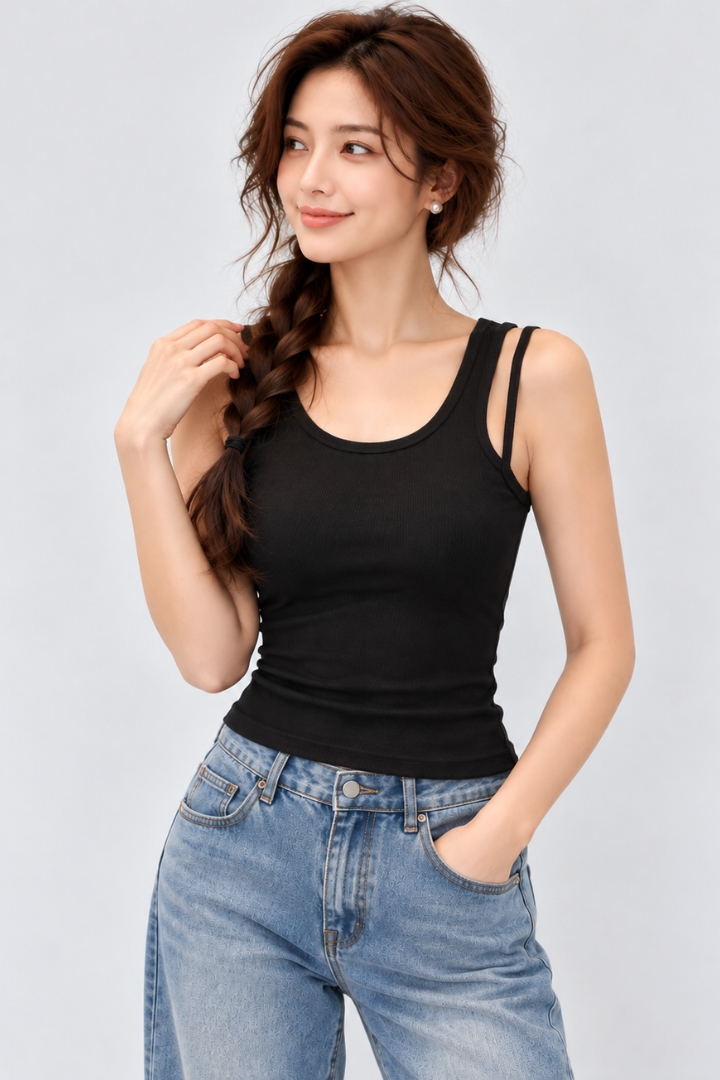 Aria Double Strap Padded Knit Top Black