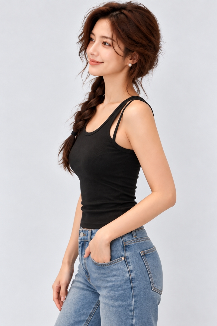 Aria Double Strap Padded Knit Top Black