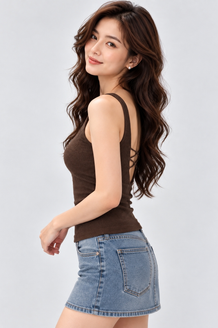 Sarah Padded Lace-Back Knit Top Chocolate Brown