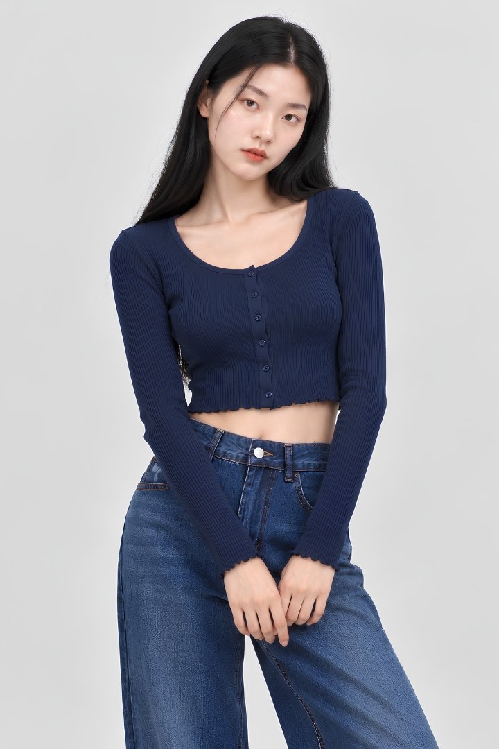 Elora Long Sleeve Ribbed Button Top Midnight