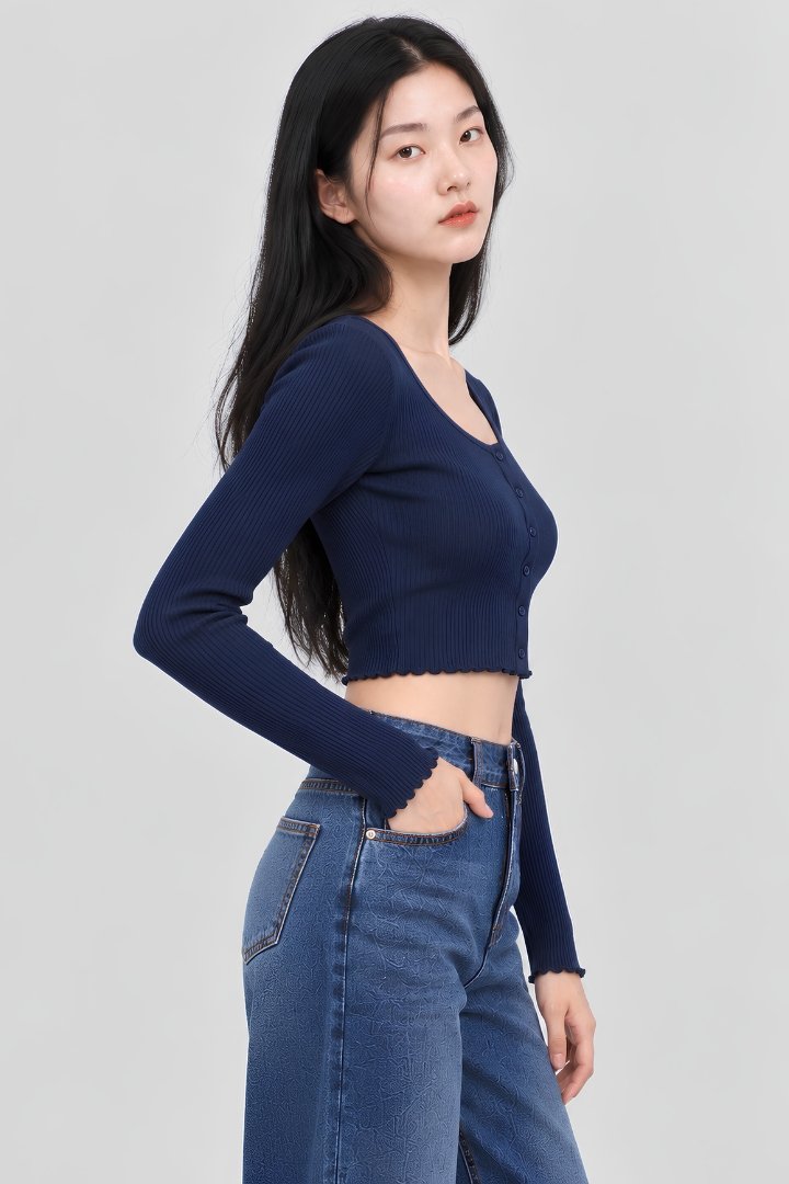 Elora Long Sleeve Ribbed Button Top Midnight