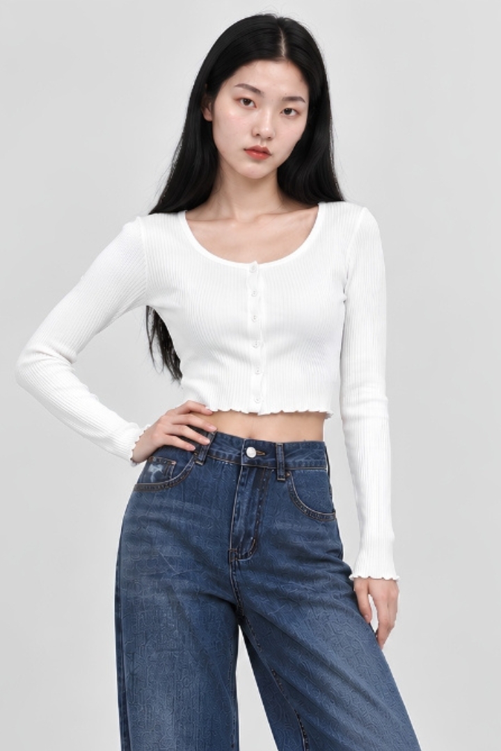 Elora Long Sleeve Ribbed Button Top Ivory