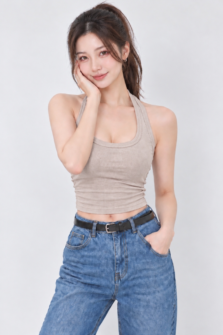 Ella Halter Padded Ribbed Knit Top Cream