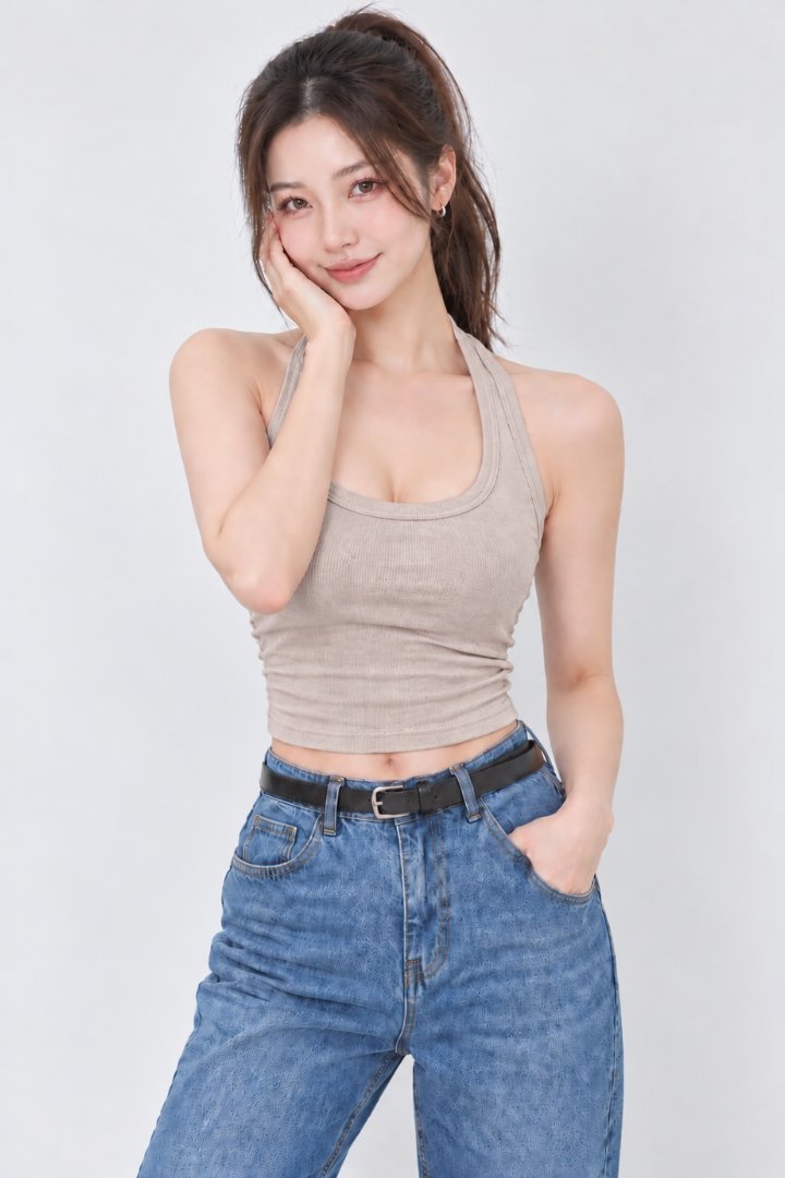 Ella Halter Padded Ribbed Knit Top Cream