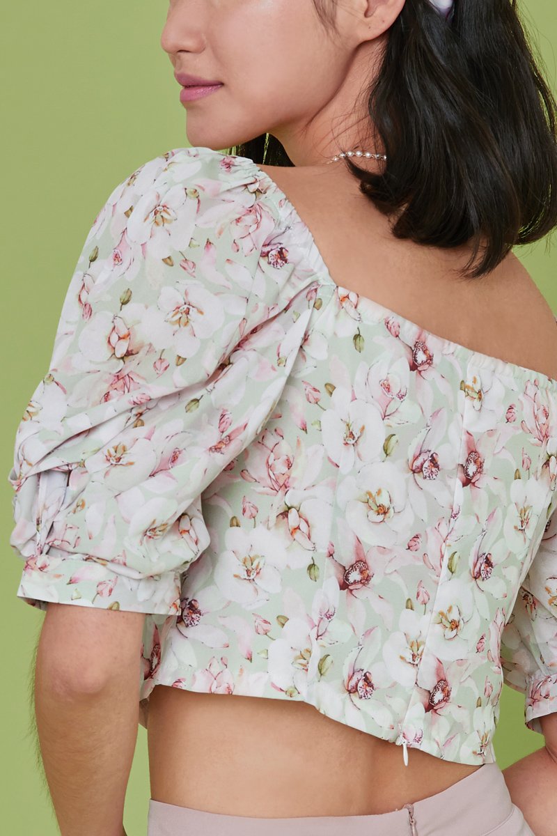 Rosella Floral Puff Sleeve Top Mint