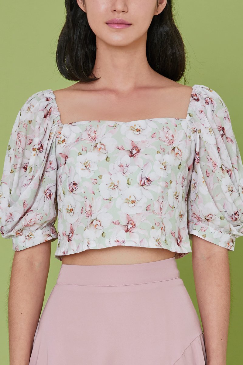 Rosella Floral Puff Sleeve Top Mint