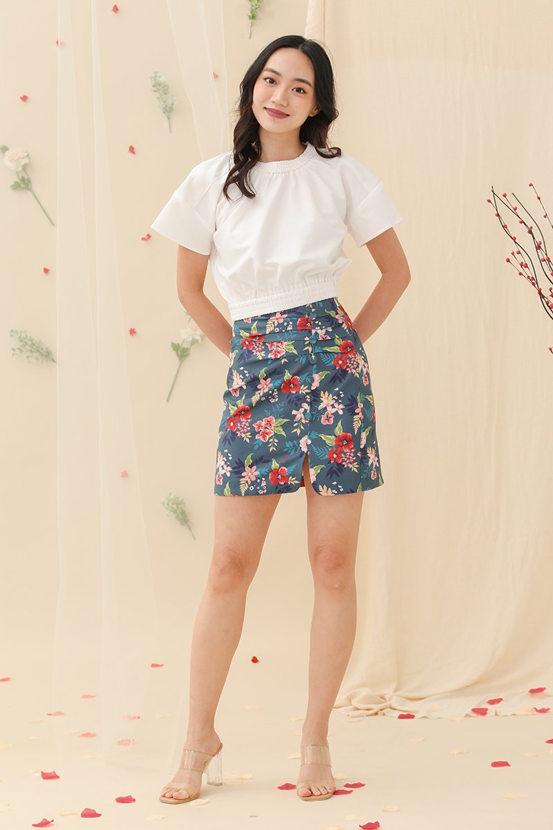 Florence Floral Ruched Side Slit Skirt Teal