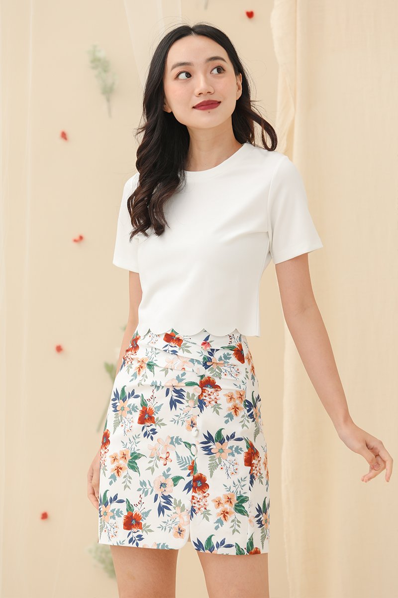 Florence Floral Ruched Side Slit Skirt Ivory