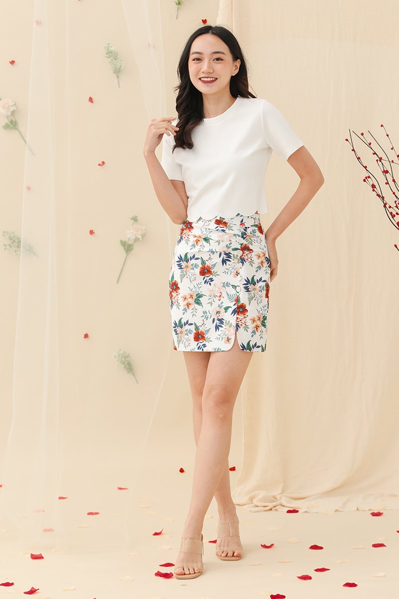 Florence Floral Ruched Side Slit Skirt Ivory