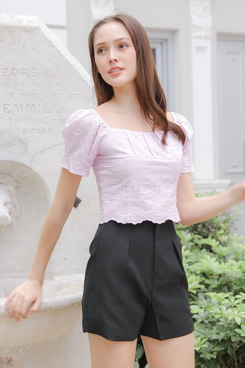 Faybelle Puff Sleeve Eyelet Crop Top Lilac