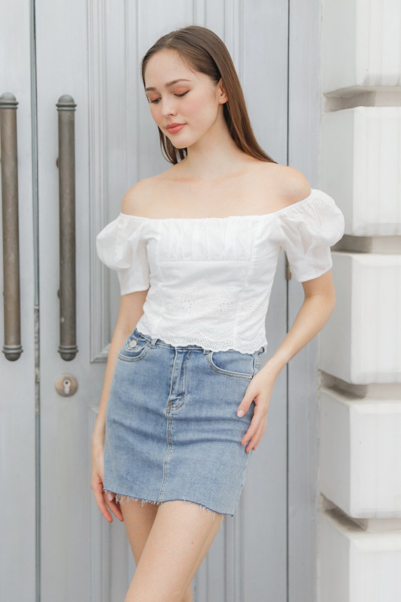Faybelle Puff Sleeve Eyelet Crop Top Ivory