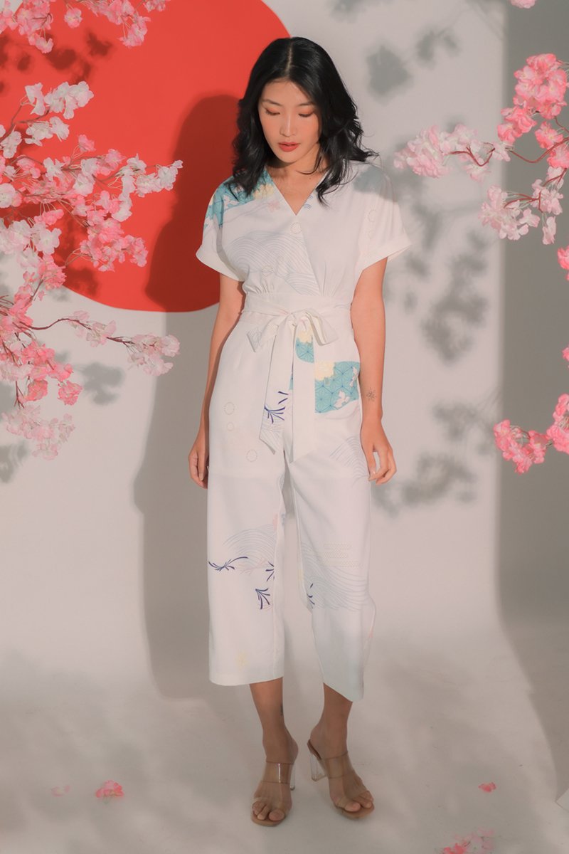 あやこ Ayako V-Neck Printed Jumpsuit Ivory 