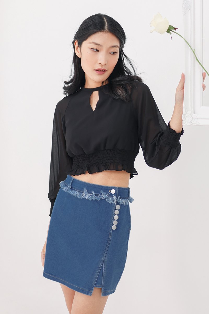 Yulia Frayed Side Button Denim Skirt Dark Wash
