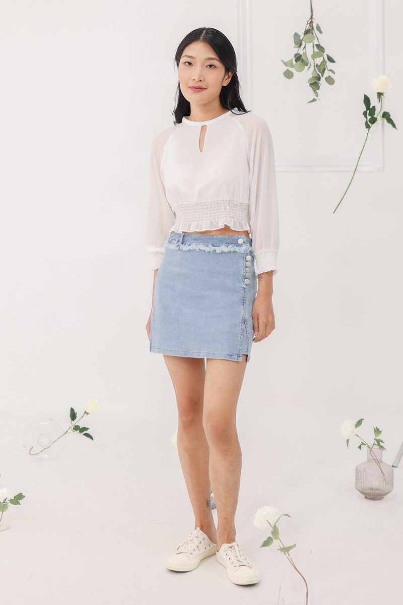 Yulia Frayed Side Button Denim Skirt Light Wash